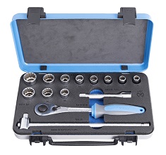 Juego de vasos y accesorios de 1/2" en caja metálica