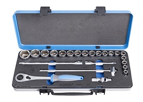 Juego de vasos y accesorios de 1/2" en caja metálica