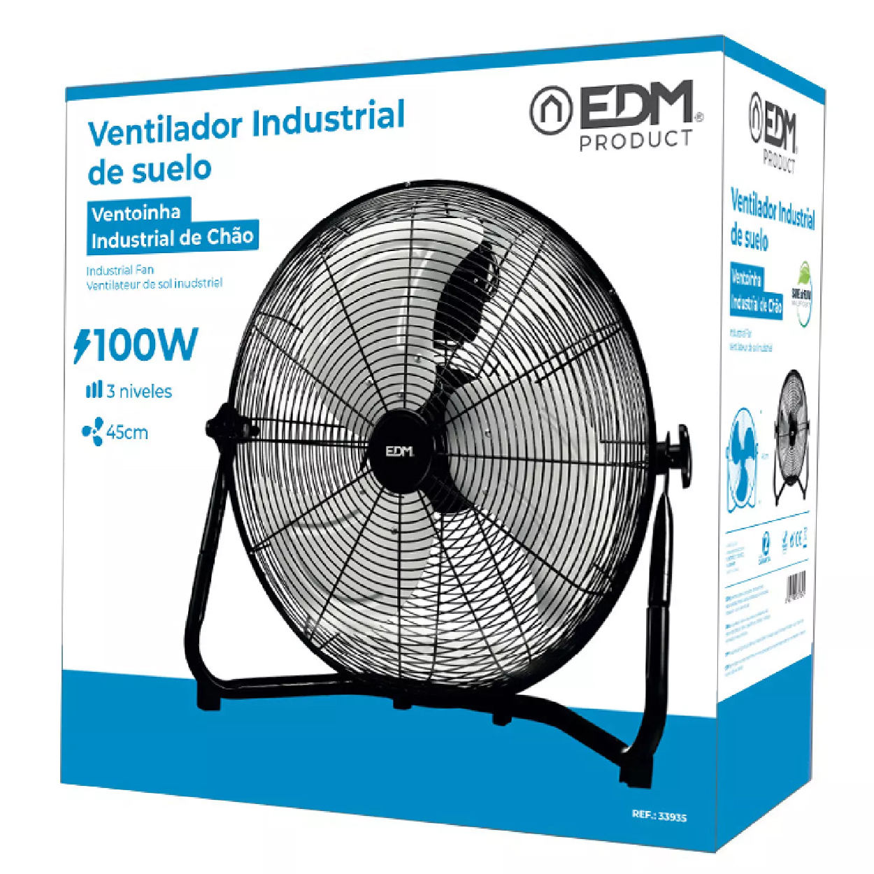 VENTILADOR INDUSTRIAL DE SUELO. COLOR NEGRO 100W, 64,7 dB, ASPAS Ø45 x 54 cm - EDM - Imagen 2