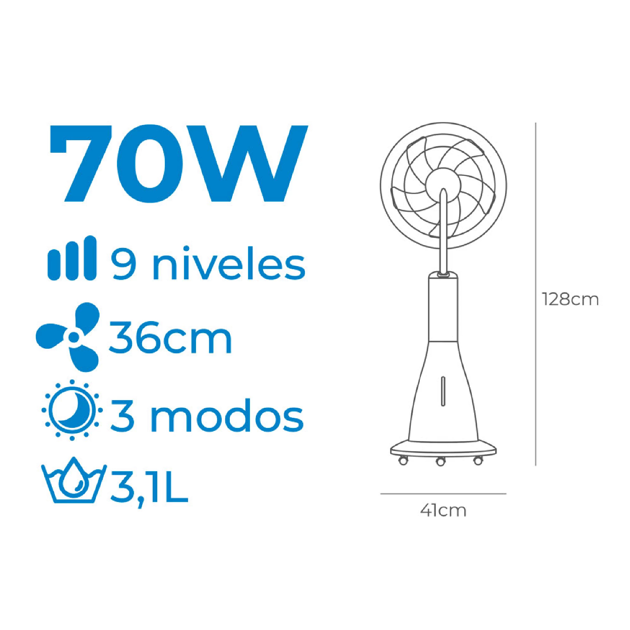 VENTILADOR DE PIE NEBULIZADOR RECARGABLE 70 W, Ø41 x 128 cm - EDM - Imagen 4